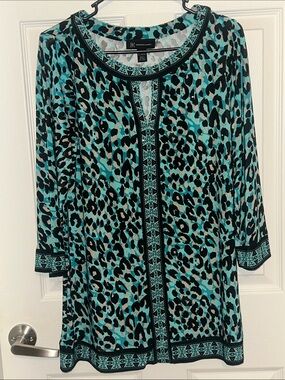 INC International Concepts Turquoise Black Leopard Print Tunic